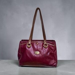Capezio Vintage 90s Maroon Shopper Shoulder Bag Tote Purse Gold Accents